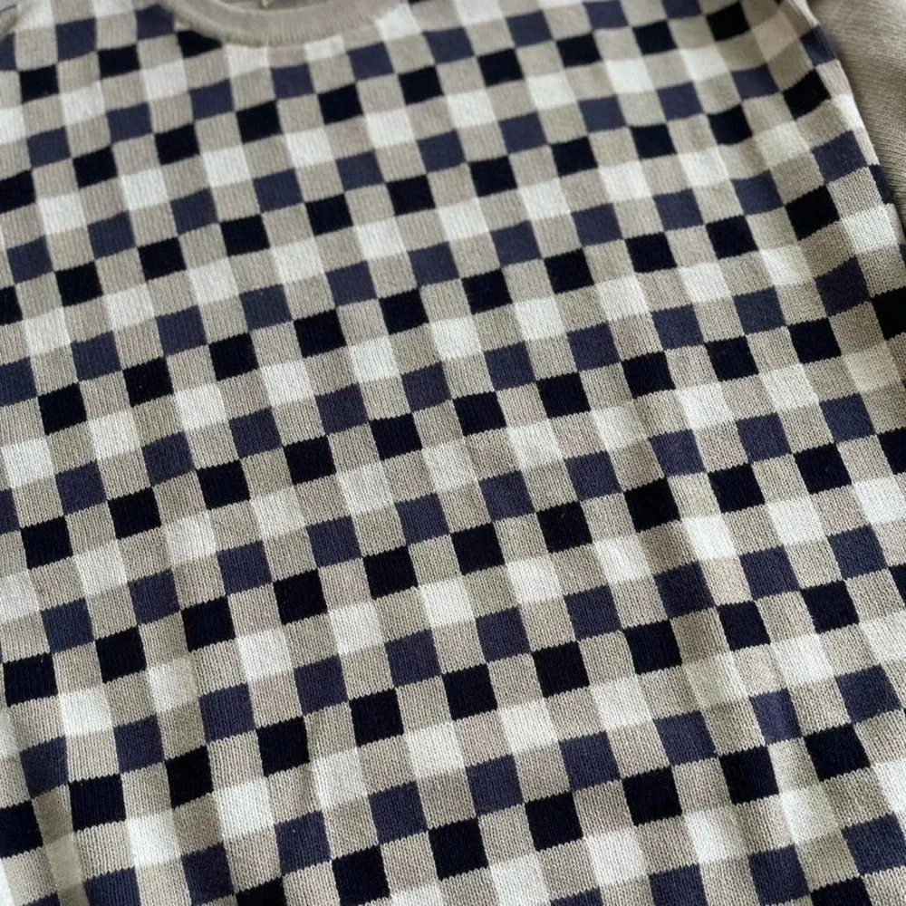 Vintage Men’s John Ashford Golf Tan Checkered Navy Blue White Cotton Sweater